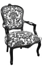 Fauteuil baroque de style Louis XV tissu motifs floraux noir et bois noir