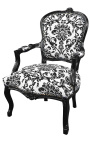 Fauteuil baroque de style Louis XV tissu motifs floraux noir et bois noir