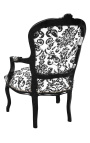 Barokke fauteuil in Lodewijk XV-stijl met zwarte bloemenstof en zwart hout