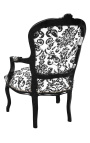 Fauteuil baroque de style Louis XV tissu motifs floraux noir et bois noir