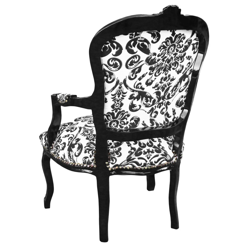 Baroque armchair Louis XV style with black floral fabric, black wood