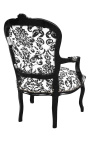 Barokowy fotel w stylu Ludwika XV z czarną tkaniną w kwiaty i czarnym drewnem