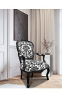 Fauteuil baroque de style Louis XV tissu motifs floraux noir et bois noir
