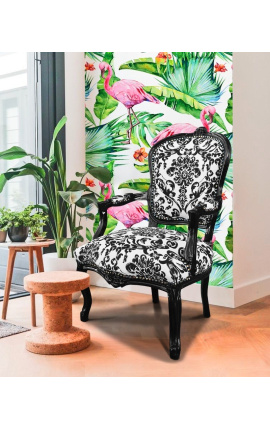 Barokke fauteuil in Lodewijk XV-stijl met zwarte bloemenstof en zwart hout