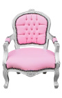 Baroque armchair for child rose false skin leather and silver wood