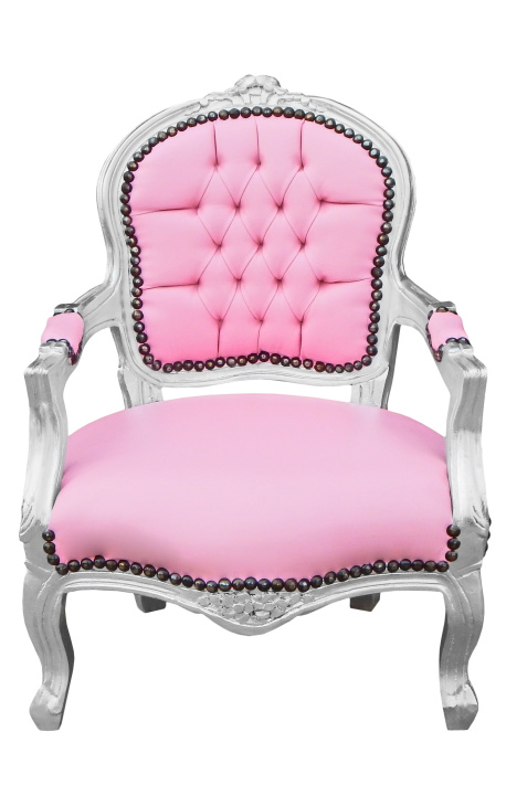 Poltrona barocca per bambini in ecopelle rosa e legno argento