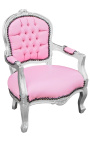 Fauteuil baroque enfant simili cuir rose et bois argent