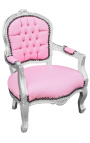 Baroque armchair for child rose false skin leather and silver wood