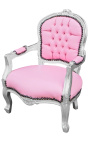 Barock-Sessel für Kinder, rosafarbenes Kunstleder und silbernes Holz