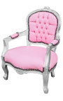 Poltrona barocca per bambini in ecopelle rosa e legno argento