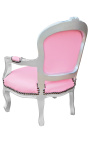 Barock-Sessel für Kinder, rosafarbenes Kunstleder und silbernes Holz