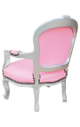 Fauteuil baroque enfant simili cuir rose et bois argent