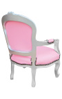 Fotel barokowy dla dziecka sztuczna skóra w kolorze różu i srebrne drewno