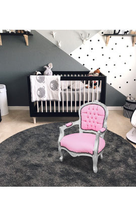 Sillón barroco para niño rosa piel falsa cuero y madera de plata