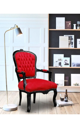 Baroque armchair of Louis XV style red velvet fabric and black lacquered wood