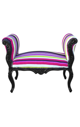 Banquette baroque de style Louis XV tissu rayé multicolore et bois laqué noir