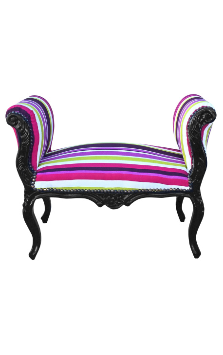 Banc barroc d'estil Lluís XV amb teixit de ratlles multicolor i fusta lacada negra