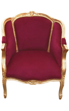 Didelis bergere fotelis Liudviko XV stiliaus raudonas Burgundijos aksomas ir aukso mediena