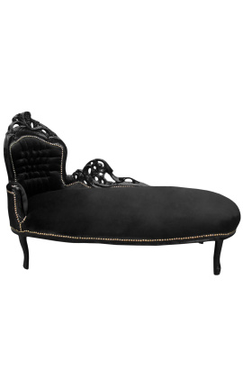 Chaise longue barroca gran de teixit de vellut negre i fusta lacada en negre