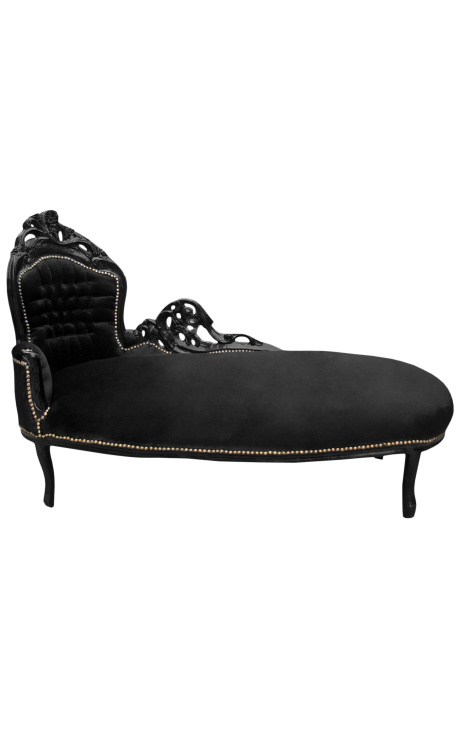 Grande méridienne baroque tissu velours noir et bois laqué noir