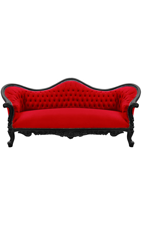 Canapé baroque Napoléon III tissu velours rouge et bois laqué noir