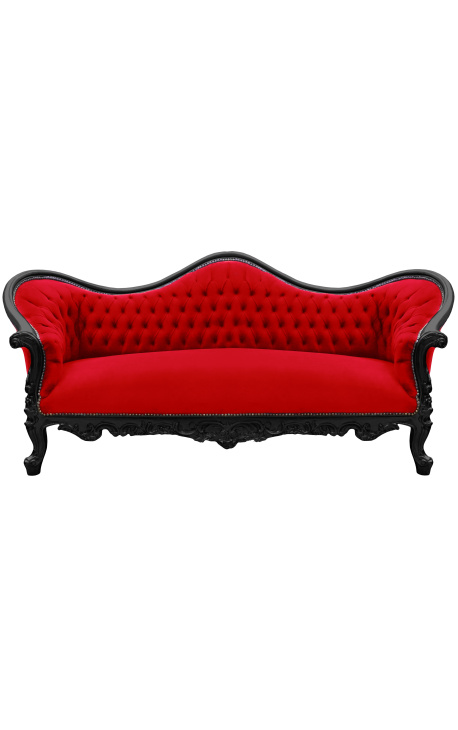 Divano barocco Napoléon III tessuto di velluto rosso e legno laccato nero