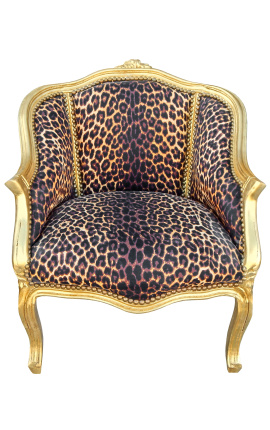 Bergere fåtölj Louis XV-stil leopardtyg och guldträ