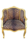 Bergere fauteuil Lodewijk XV-stijl luipaardstof en goudkleurig hout
