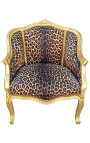 Bergere fotelis Louis XV stiliaus leopardo audinys ir aukso mediena