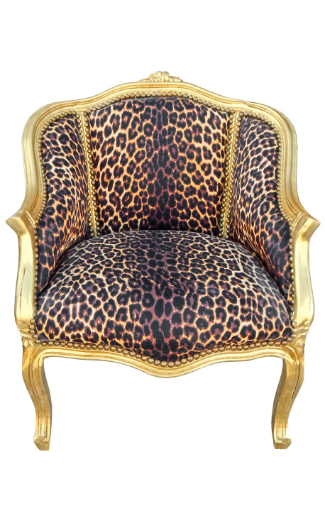 Bergere lenestol i Louis XV-stil leopardstoff og gulltre