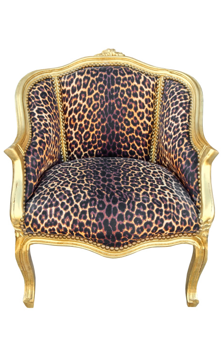 Stolička Bergere Louis XV štýl leopard tkanina a zlaté drevo - 1