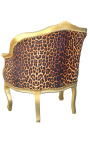 Fotel Bergere z tkaniny w panterkę w stylu Ludwika XV i złotego drewna
