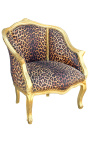 Bergere fotelis Louis XV stiliaus leopardo audinys ir aukso mediena