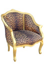 Bergere armchair Louis XV style leopard fabric and gold wood