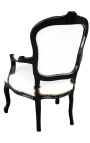 Baroque armchair of Louis XV style false white skin leather and black lacquered wood 