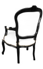 Fauteuil Louis XV de style baroque simili cuir blanc et bois noir