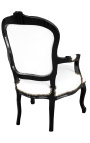 Fauteuil Louis XV de style baroque simili cuir blanc et bois noir