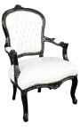 Barokke fauteuil van vals wit leer in Lodewijk XV-stijl en zwart gelakt hout 