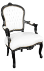 Fauteuil Louis XV de style baroque simili cuir blanc et bois noir