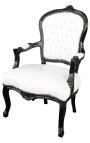 Baroque armchair of Louis XV style false white skin leather and black lacquered wood 