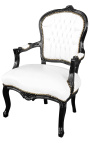 Fauteuil Louis XV de style baroque simili cuir blanc et bois noir