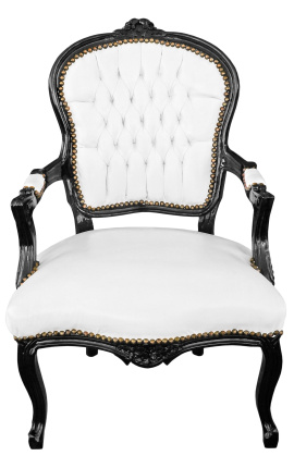 Barocker Sessel aus weißem Kunstleder im Louis XV-Stil und glänzendem schwarzem Holz