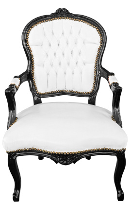 Sillón barroco de estilo Louis XV piel blanca y madera negra brillante