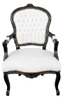 Fauteuil Louis XV de style baroque simili cuir blanc et bois noir