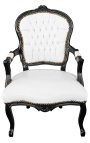 Μπαρόκ πολυθρόνα από δέρμα ψεύτικο λευκό δέρμα στυλ Louis XV και μαύρο λακαρισμένο ξύλο 