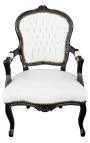 Poltrona barroca Louis XV em couro sintético branco e madeira preta
