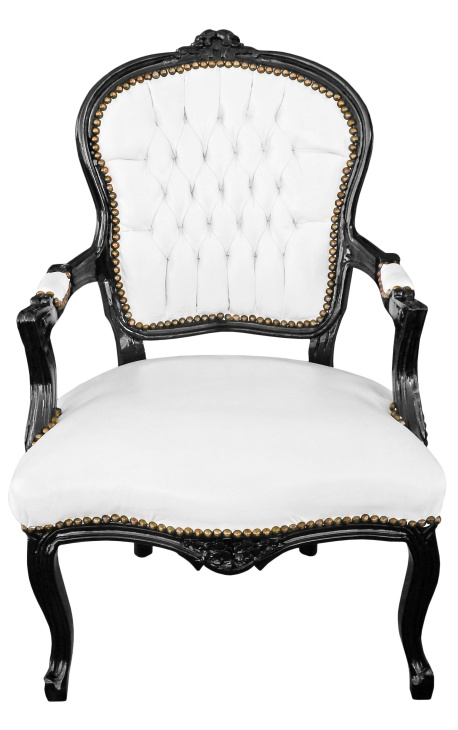 Sillón barroco de estilo Luis XV piel blanca falsa cuero y madera lacada negra