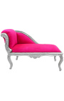 Louis XV Chaise Longue Fuchsia Rosa Samt Stoff und Silberholz - 1