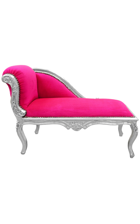 Louis XV Lehátka Longue Fuchsia Růžová sametová tkanina a stříbrné dřevo - 1