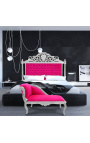 Louis XV Lehátka Longue Fuchsia Růžová sametová tkanina a stříbrné dřevo - 11